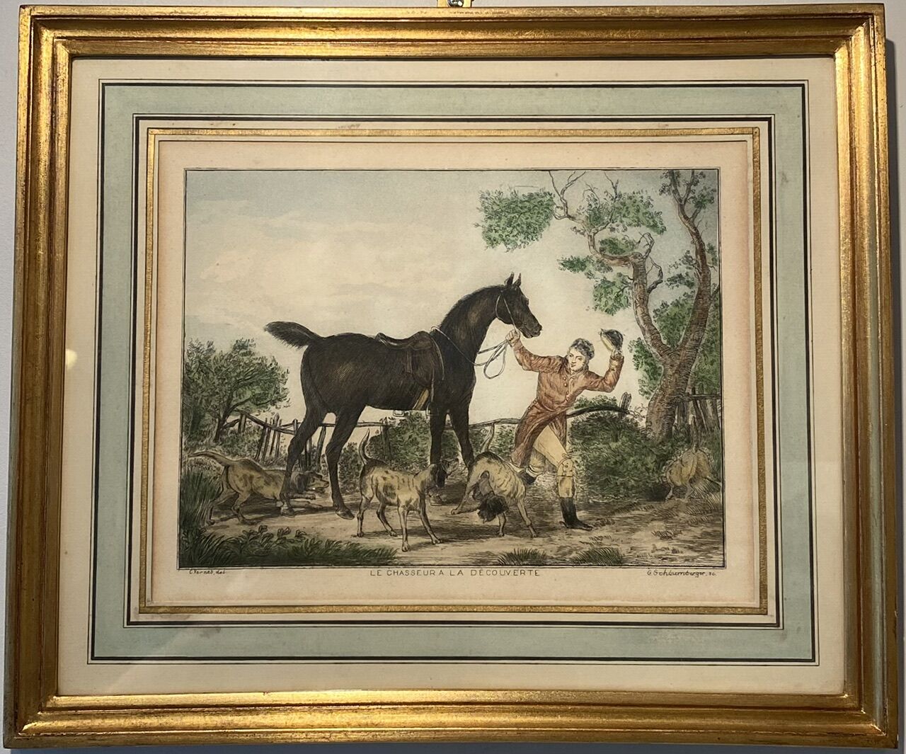 Antique engraving , the hunter to the discovery early XX century