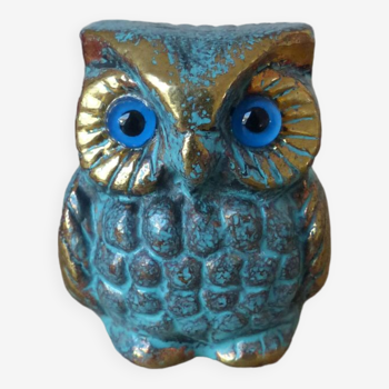 Figurine miniature chouette hibou en laiton aux yeux bleus, Sculpture grecque vintage