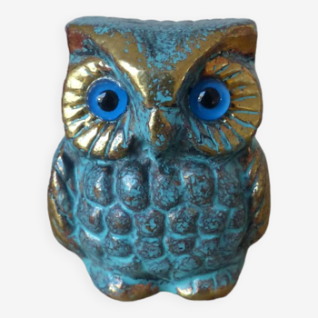 Miniature Brass Owl Figurine with Blue Eyes, Vintage Greek Sculpture