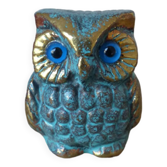 Figurine miniature chouette hibou en laiton aux yeux bleus, Sculpture grecque vintage