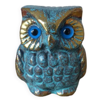 Miniature Brass Owl Figurine with Blue Eyes, Vintage Greek Sculpture