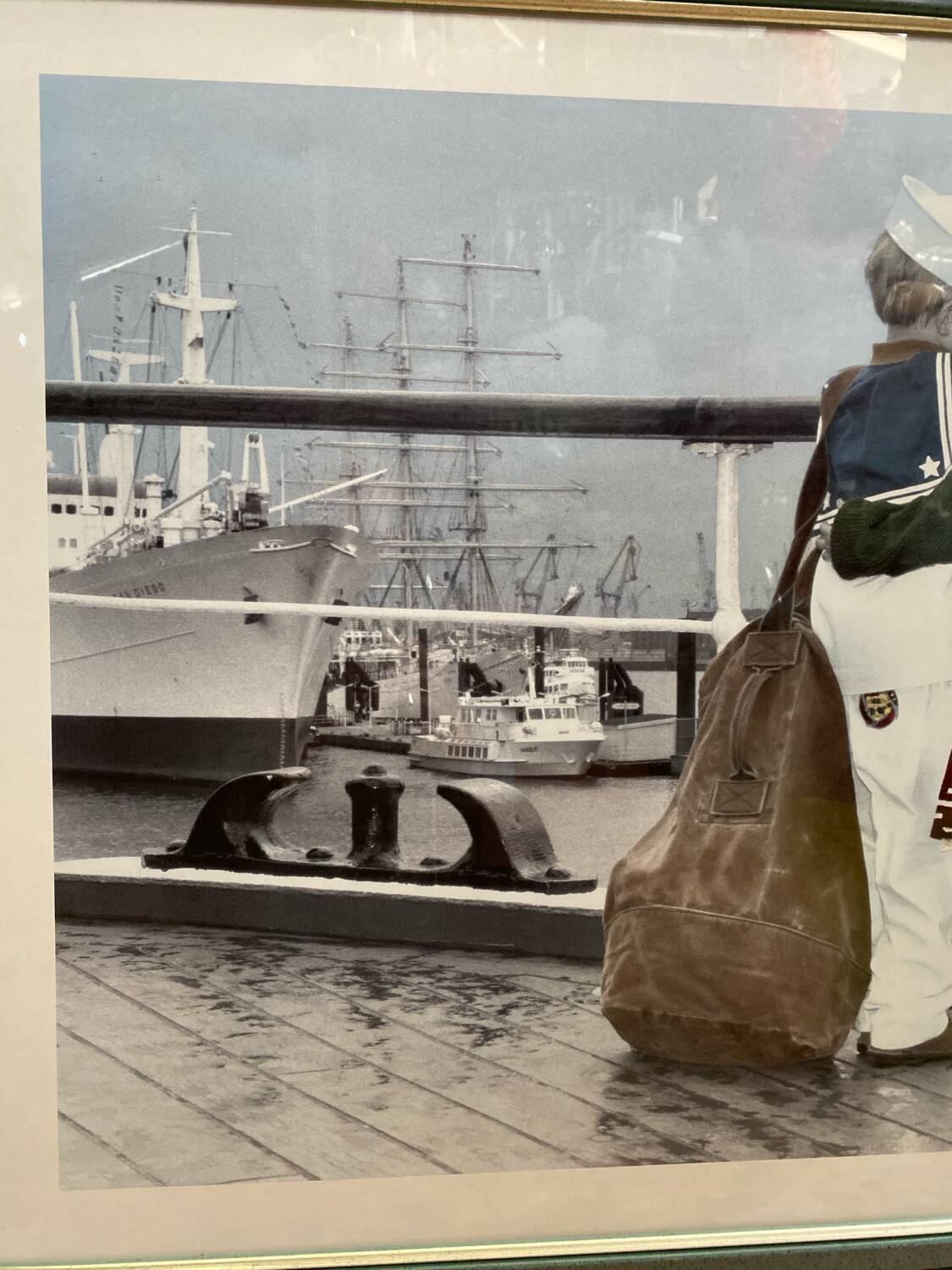 Old Color Print Sailor Children On The Naval Port + Green Wood Frame #B540