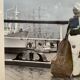Old Color Print Sailor Children On The Naval Port + Green Wood Frame #B540