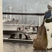 Old Color Print Sailor Children On The Naval Port + Green Wood Frame #B540