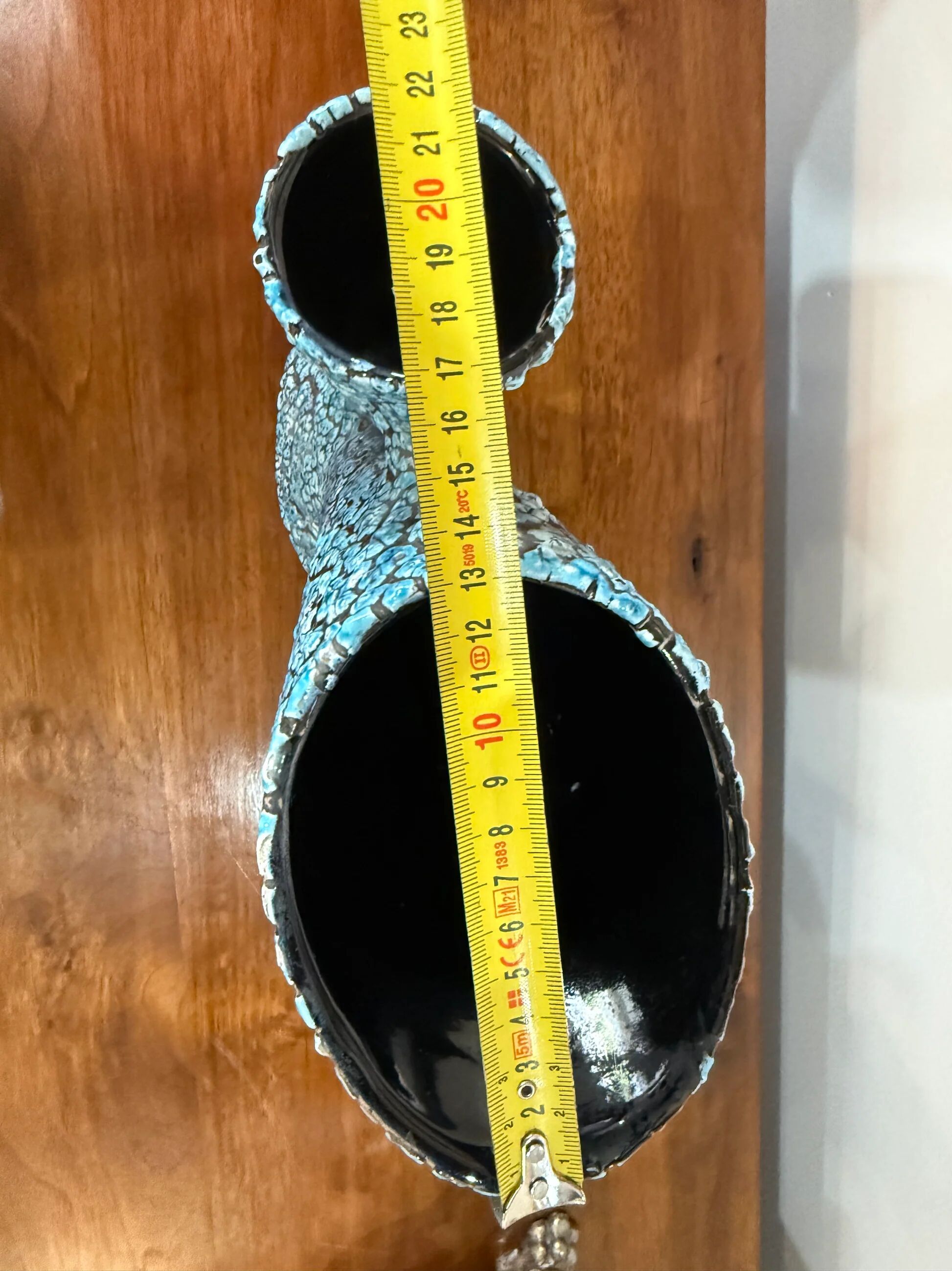 Large sculptural ceramic vase with textured turquoise blue and black glaze – Double horn – H. 31 cm