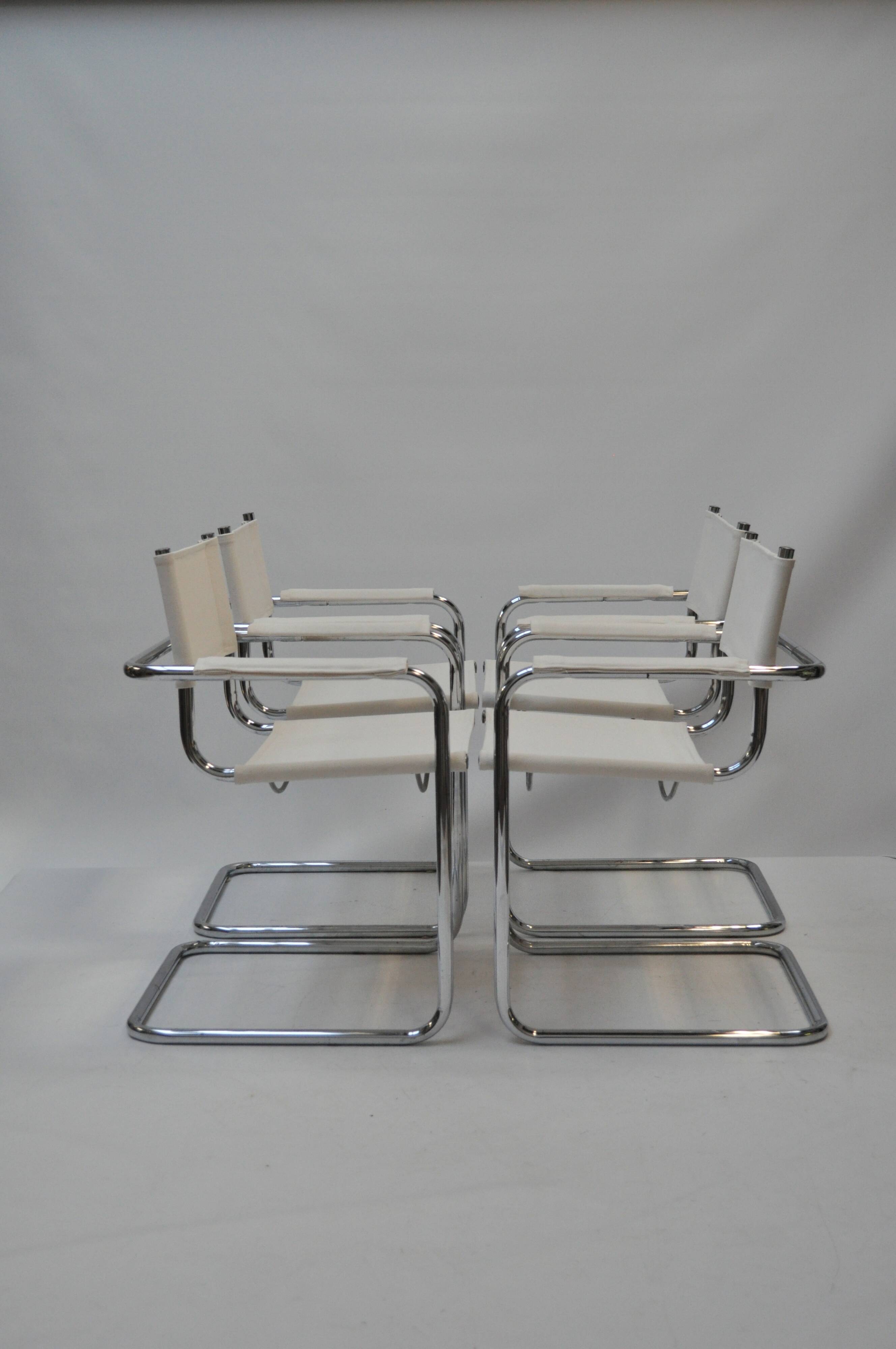 Set of 4 Chrome Sled-Base Chairs, Reupholstered in Italian Chioccarello Lin