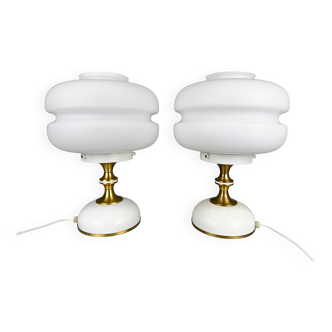 Pair of 1970's Milk Glass & Brass Table Lamps by Napako, Czechoslovakia