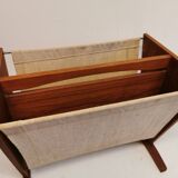 Magazine rack in teak wood with sand-coloured canvas, Danish and from the 1970s.