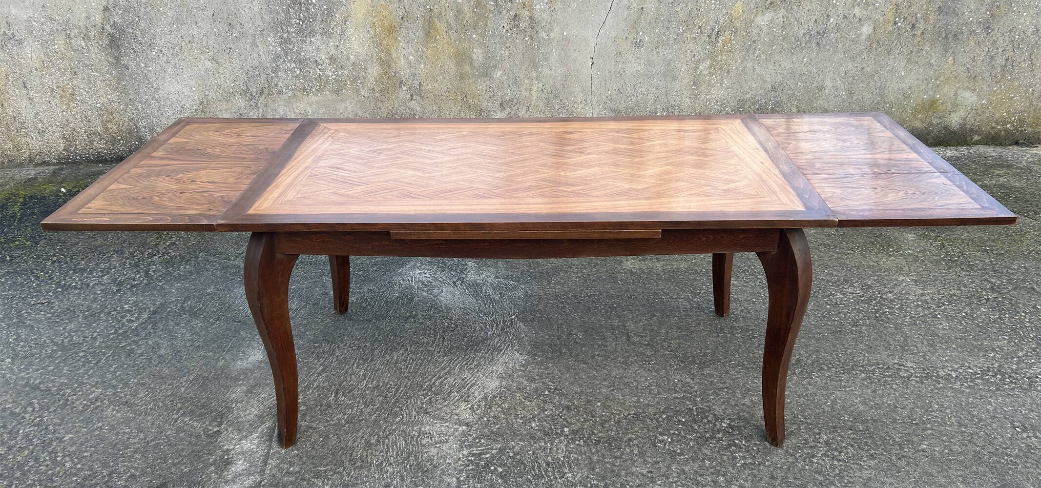 Large extendable table, marquetry, oak, vintage, 1950s