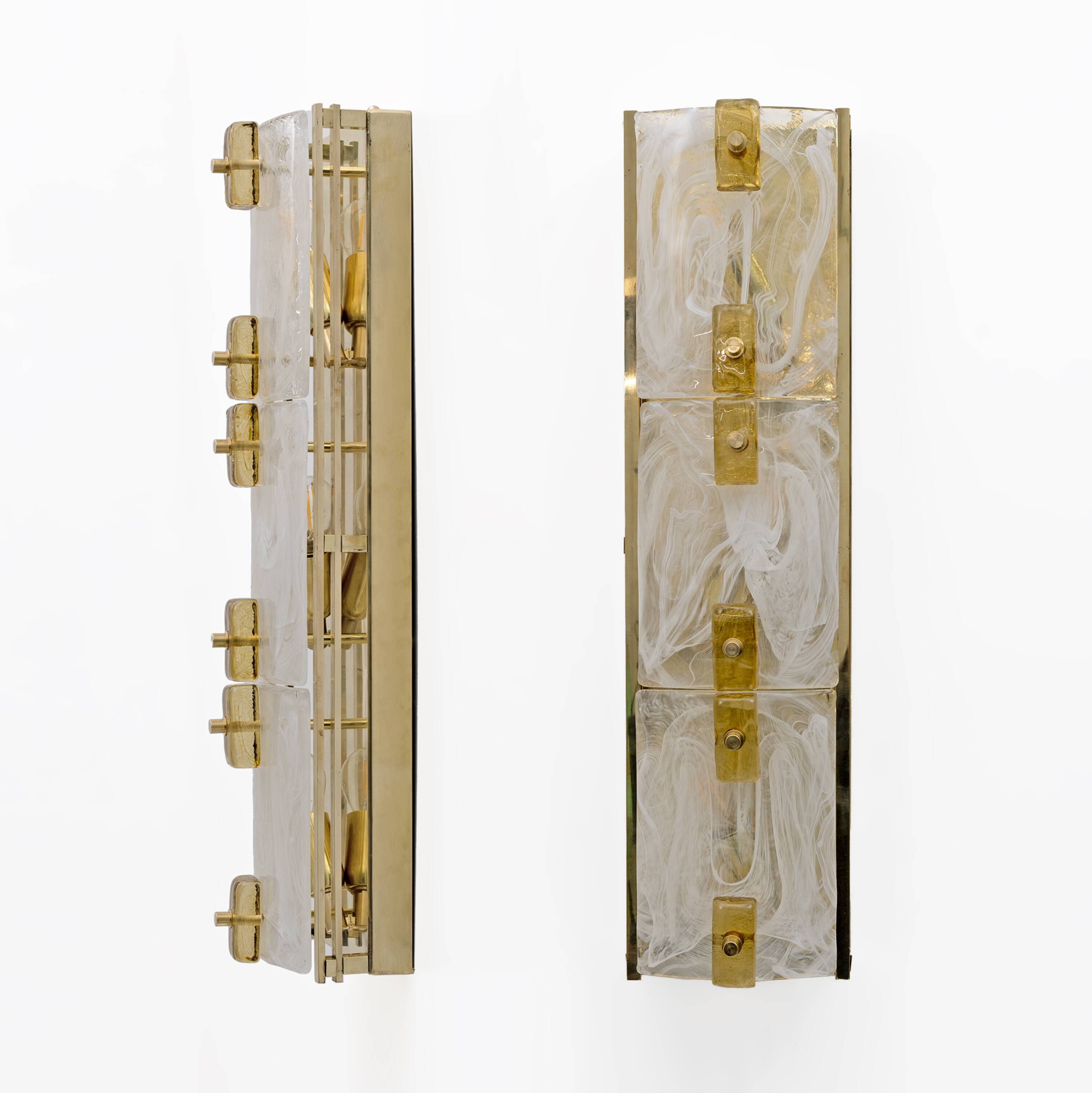 Pair of Modern Sconces in Brass and Milk White Murano Glass and Amber Glass