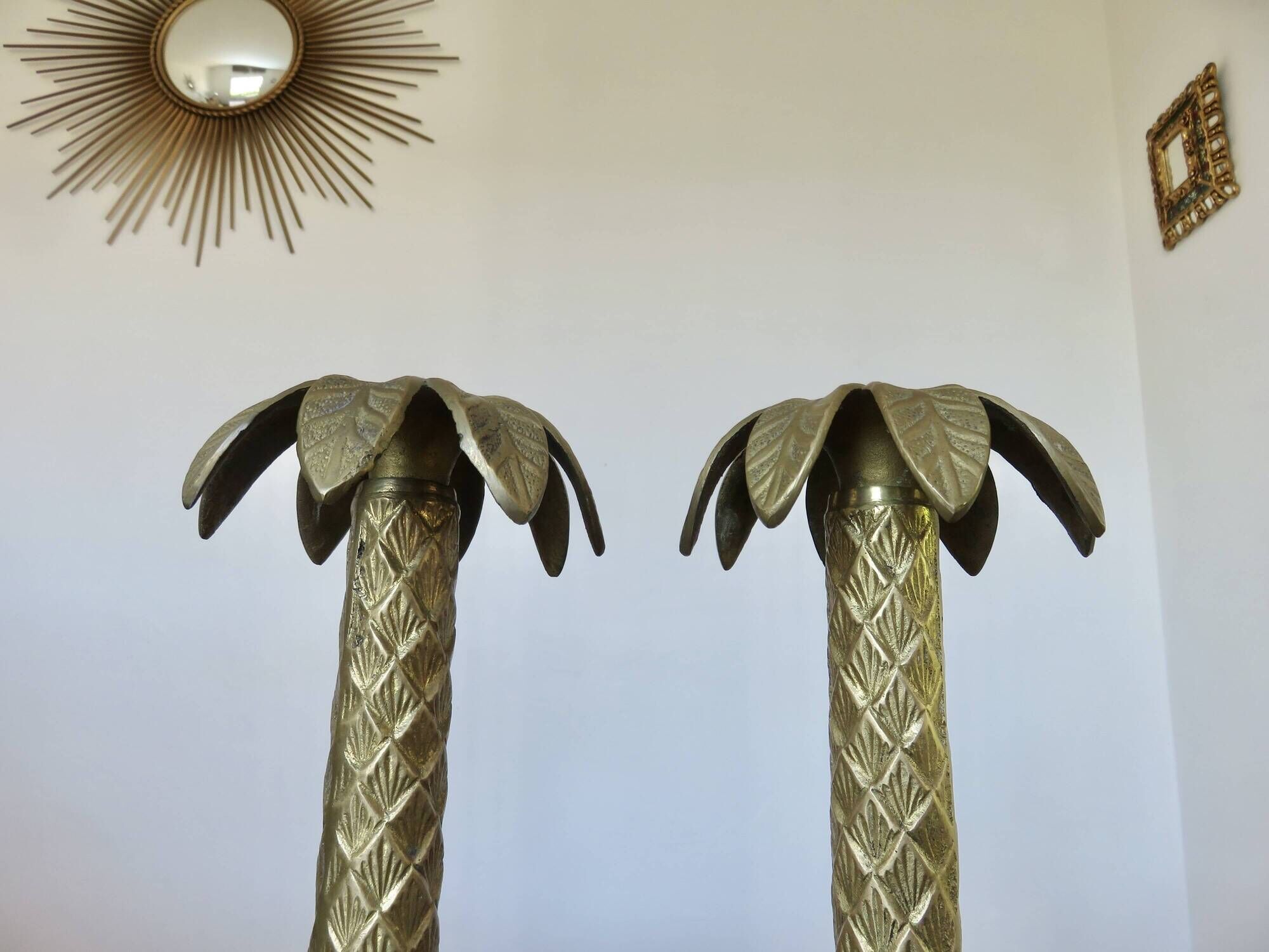 Pair of "palm tree" candlesticks in solid gilded brass, 1970