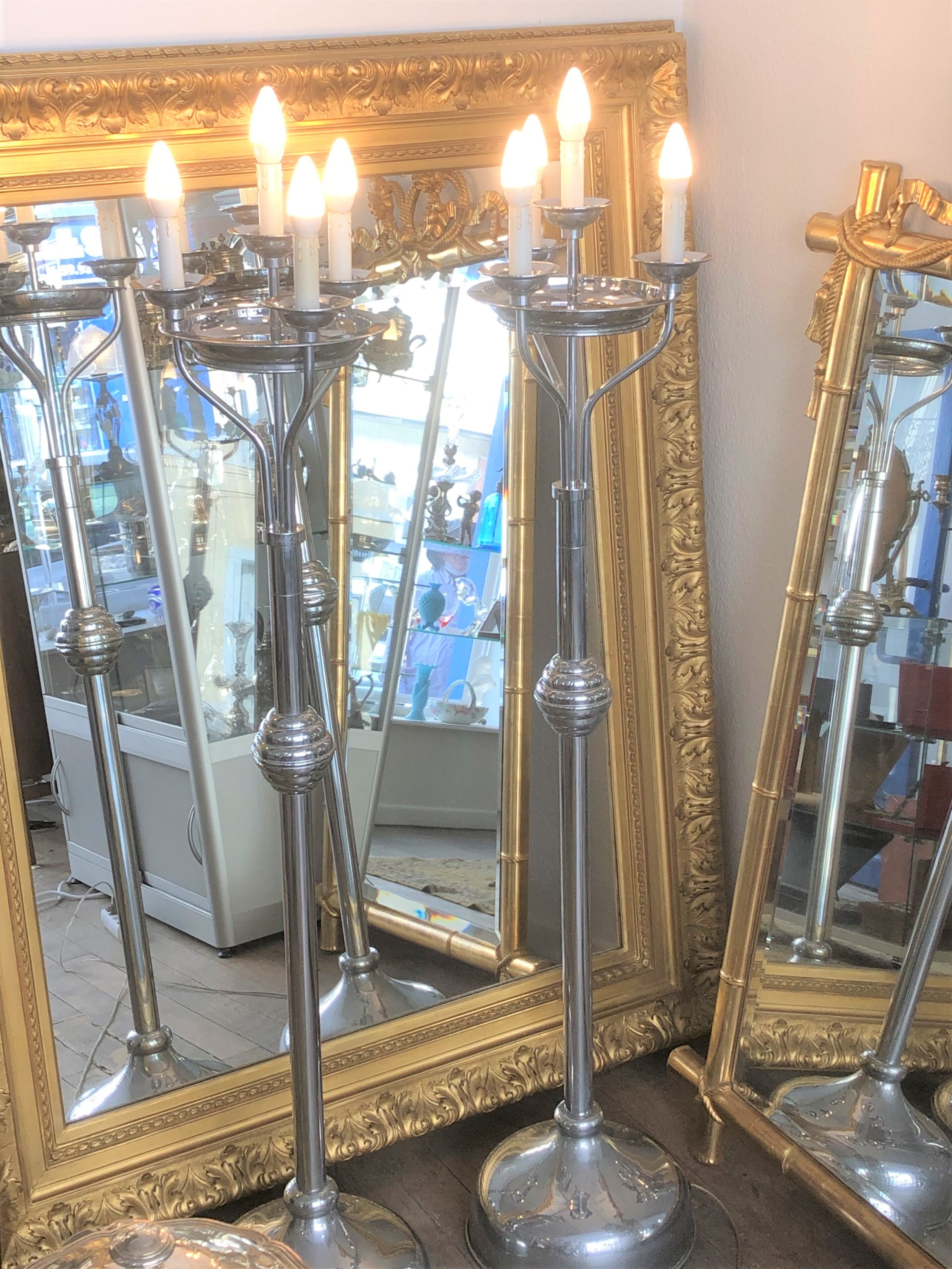 Pair of chrome metal flashlights, circa 1970, 8 lights, 160 cm