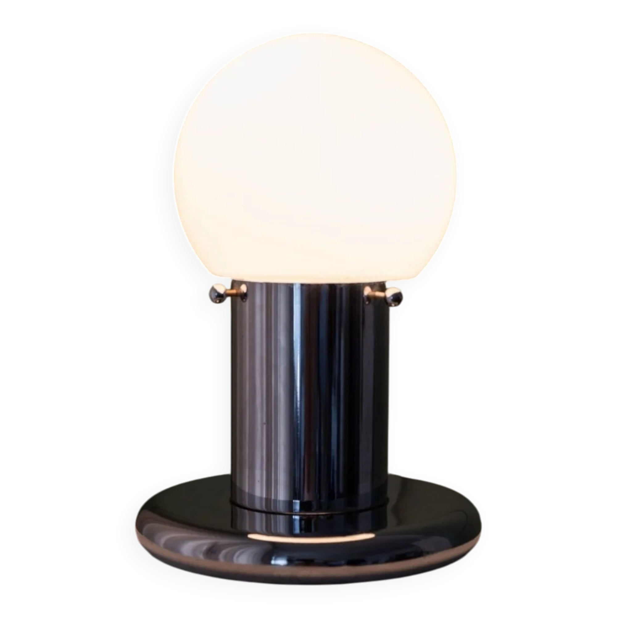 Space Age Desk Lamp in Argent Chrome with Opal White Glass Globe – 1970s Italian Memphis Postmodern