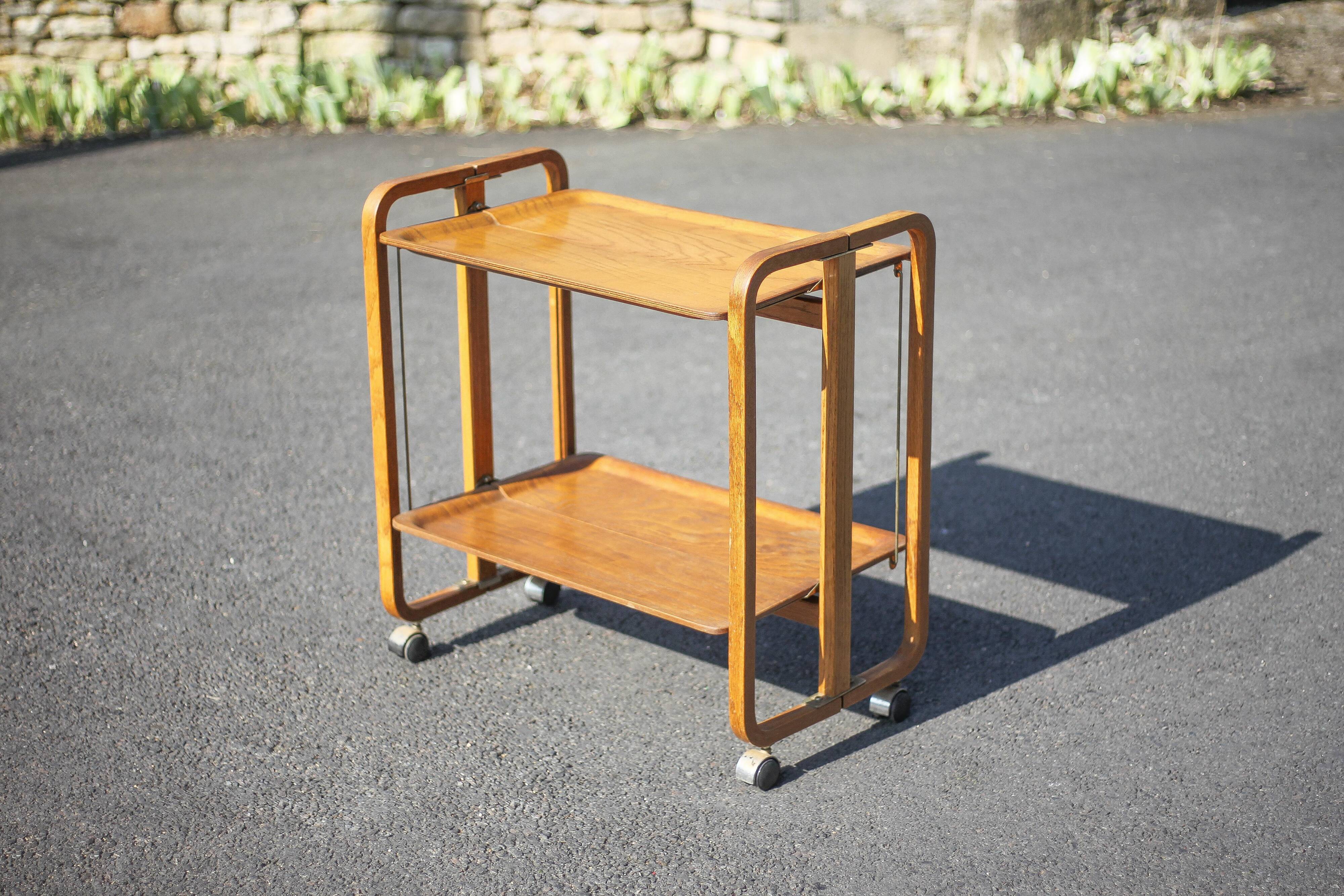Vintage serving trolley, folding trolley, thermoformed wooden serving trolley