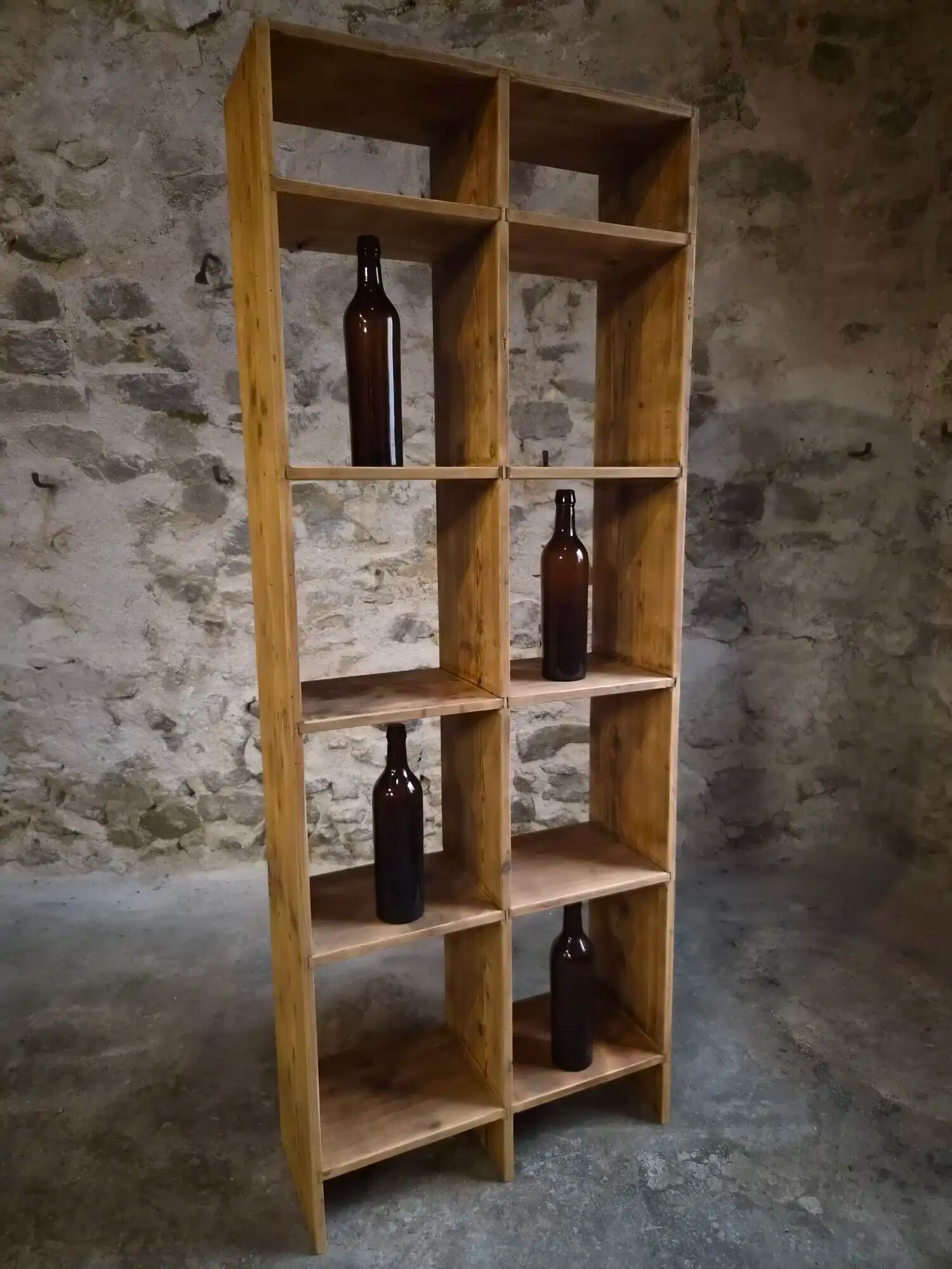 Vintage pine shelf with compartments, room divider, 1950s.