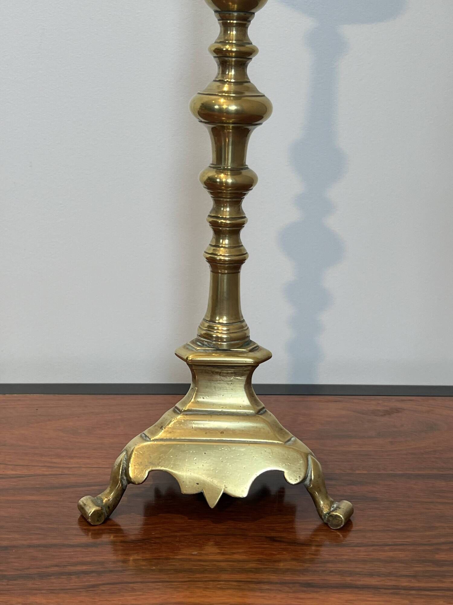 Pair of Large Brass Altar Candlesticks with Baluster Shaft and Tripod Base