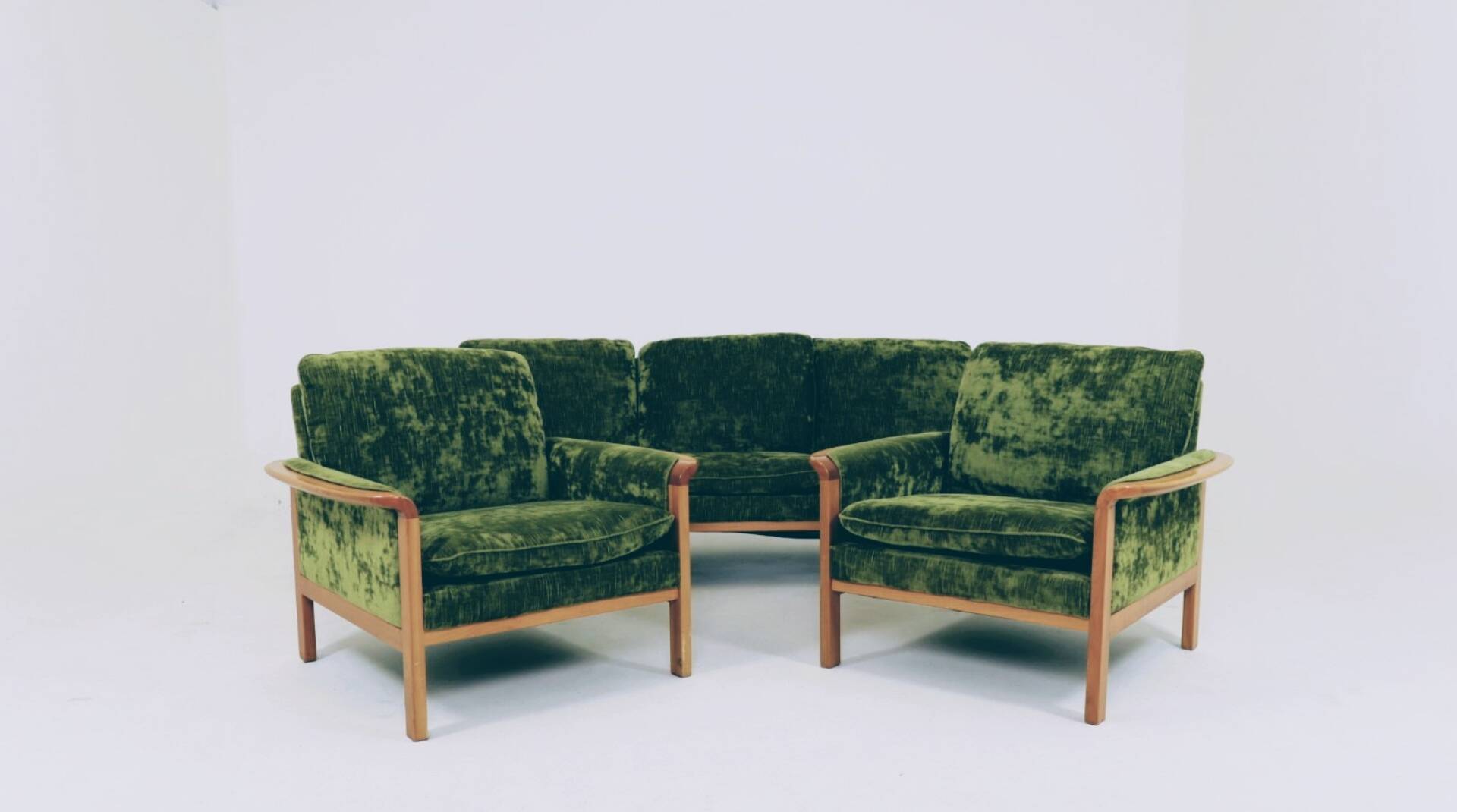 Vintage set sofa and armchairs deep olive velvet design by Knut Seater