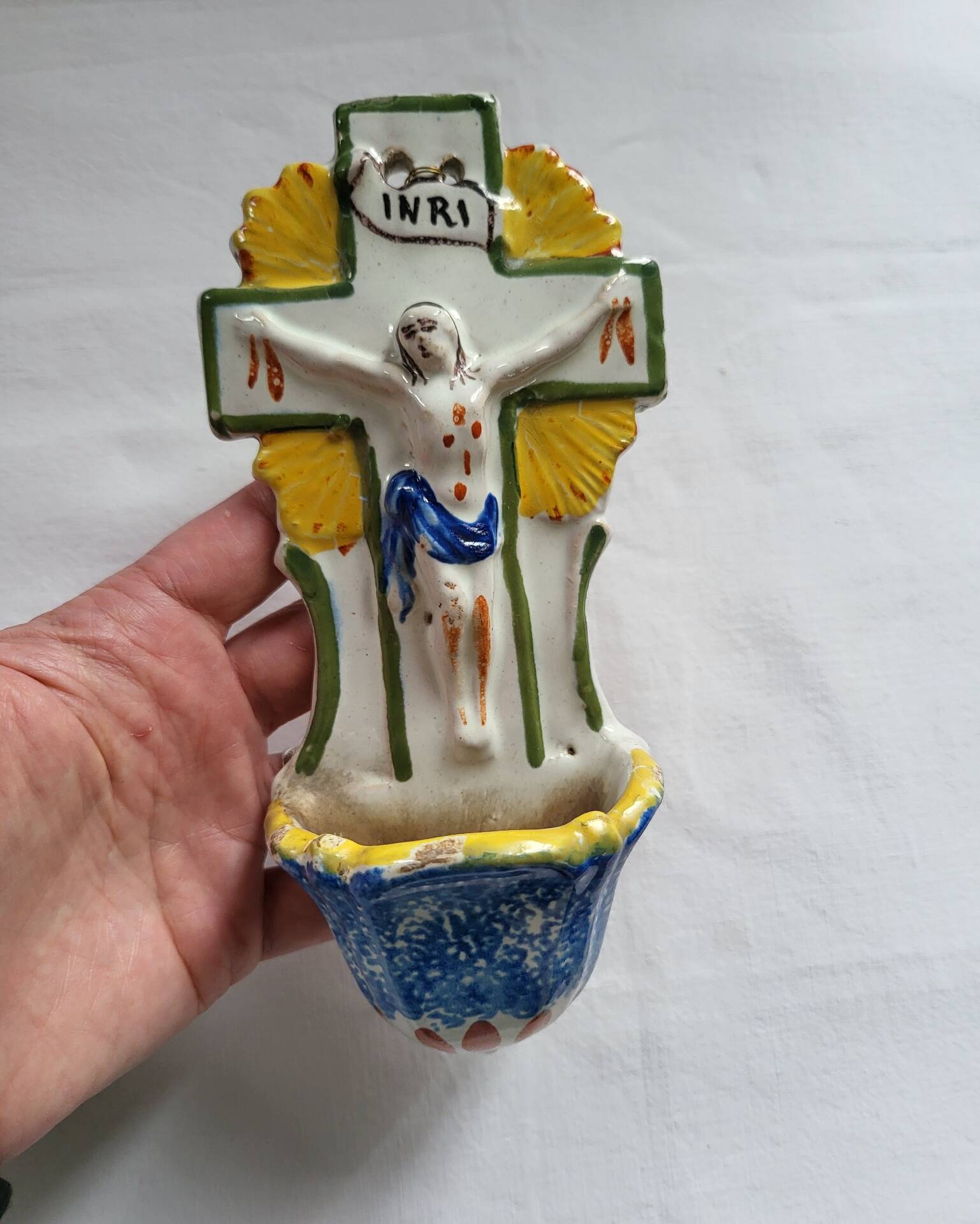 Ancient Faience Baptismal Font from the East Christ Cross INRI Nevers