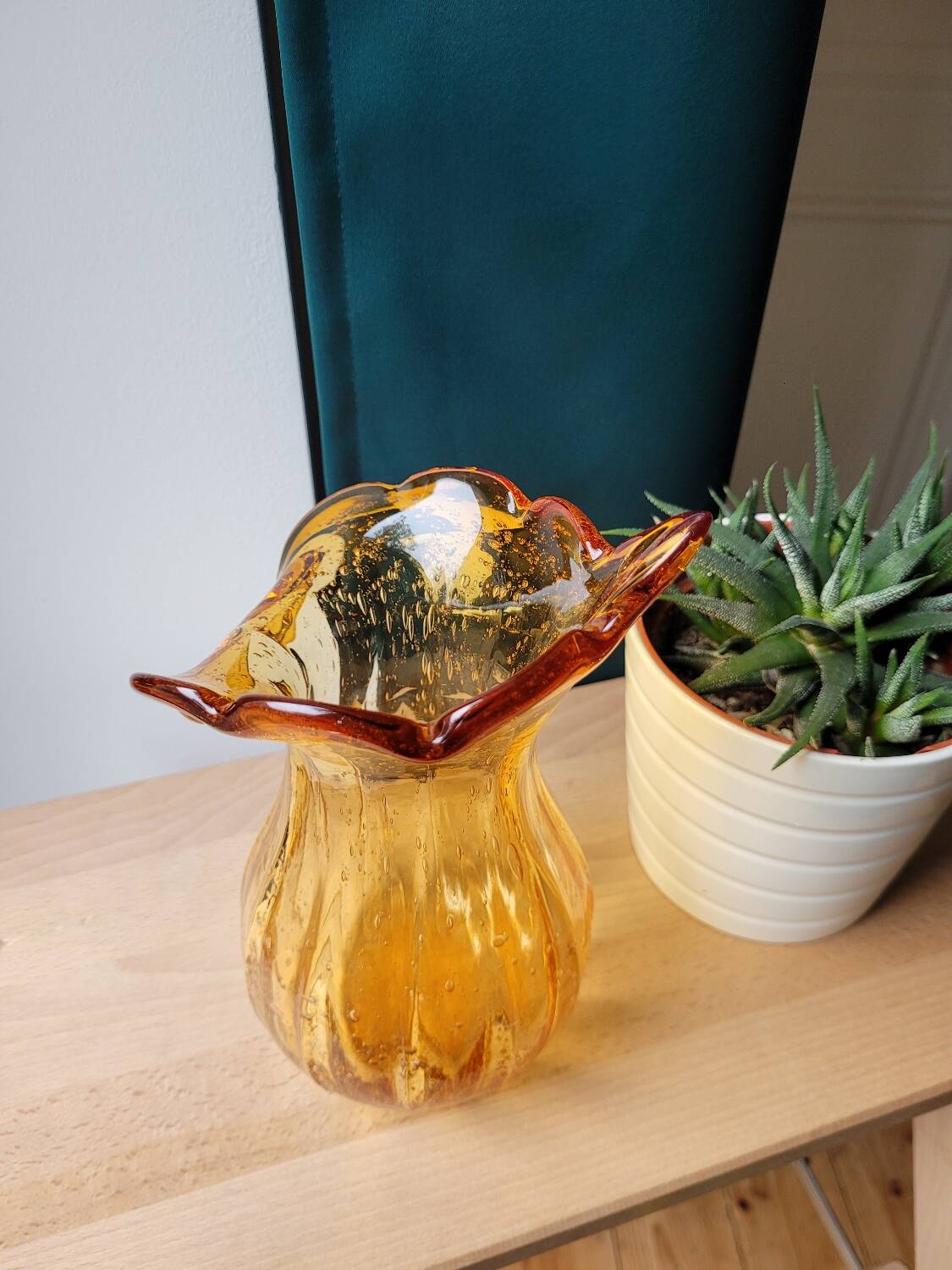 Orange bubbled glass vase