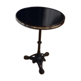 Table round bistro vintage cast iron foot, brass strap, renovated.