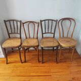4 chaises de bistrot anciennes dépareillées bois et cannage