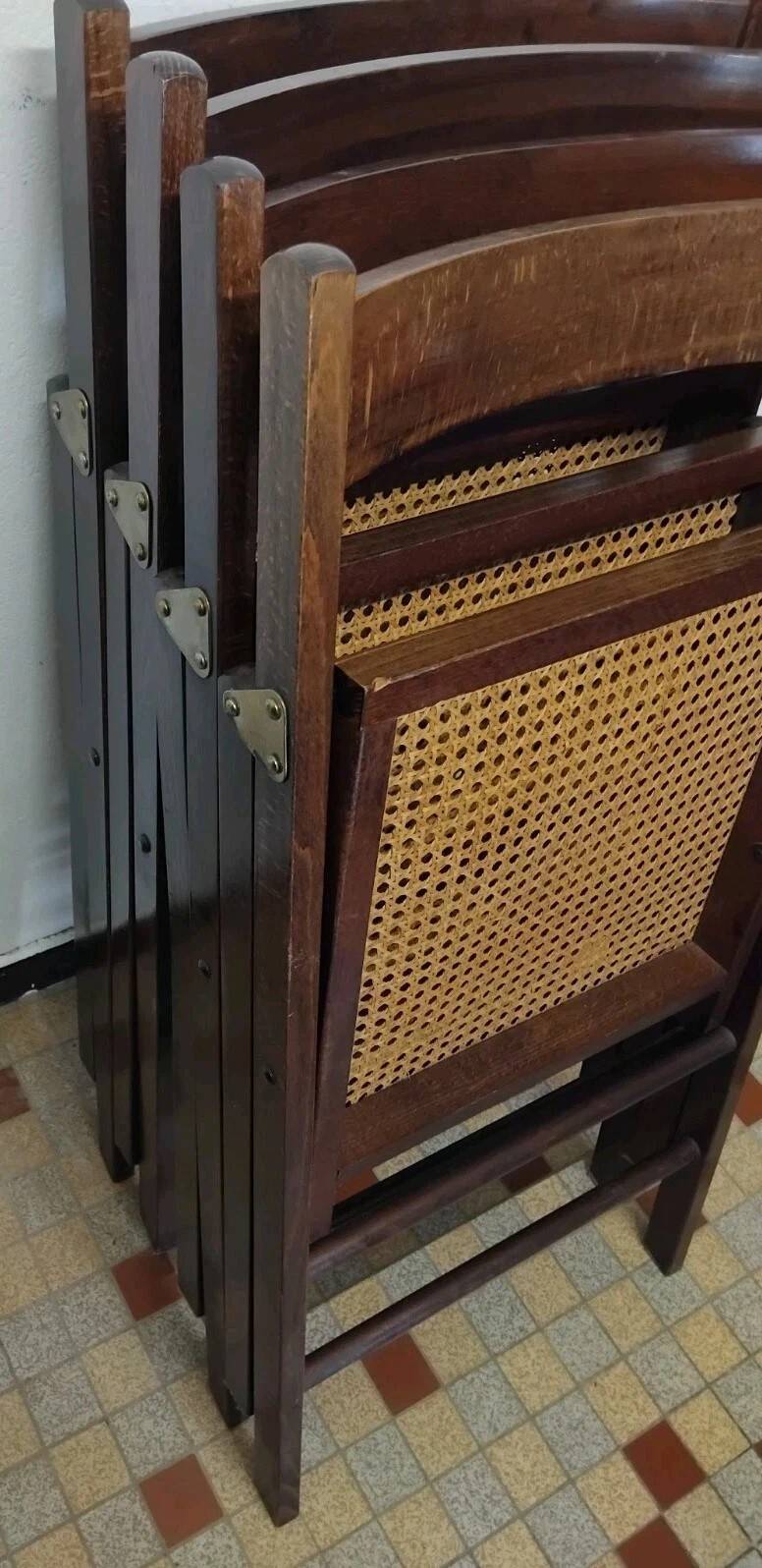 Set of 4 vintage 1970s folding chairs in wood and caning