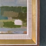 Mid-Century Modern Swedish "Houses by Nature" Vintage Landscape Oil Painting, Framed