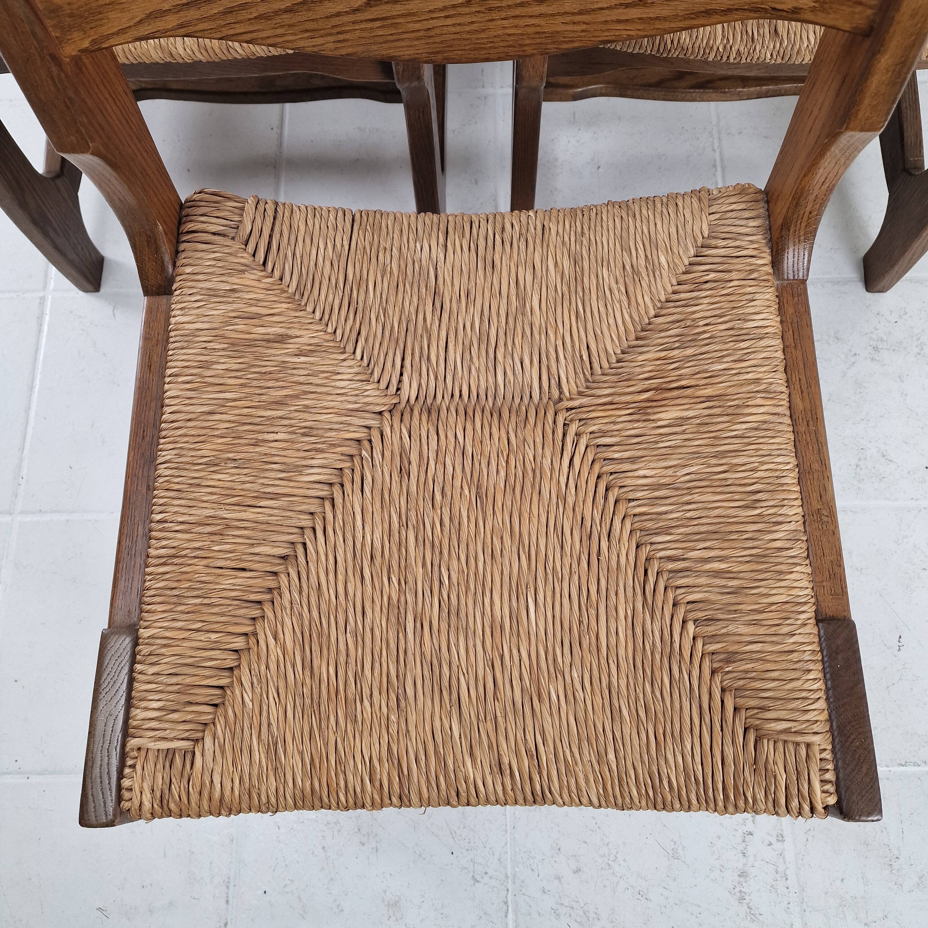 MidCentury Brutalist Oak "Razor Blade" Dining Chairs, Set of 6, France 60's