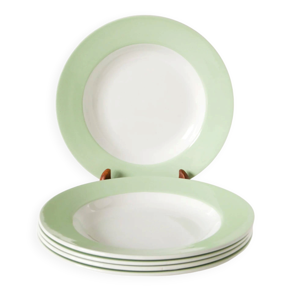 Lot de 5 assiettes creuses St Amand Céranord, Liseré Vert Pomme, 1960