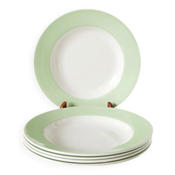 Lot de 5 assiettes creuses St Amand Céranord, Liseré Vert Pomme, 1960