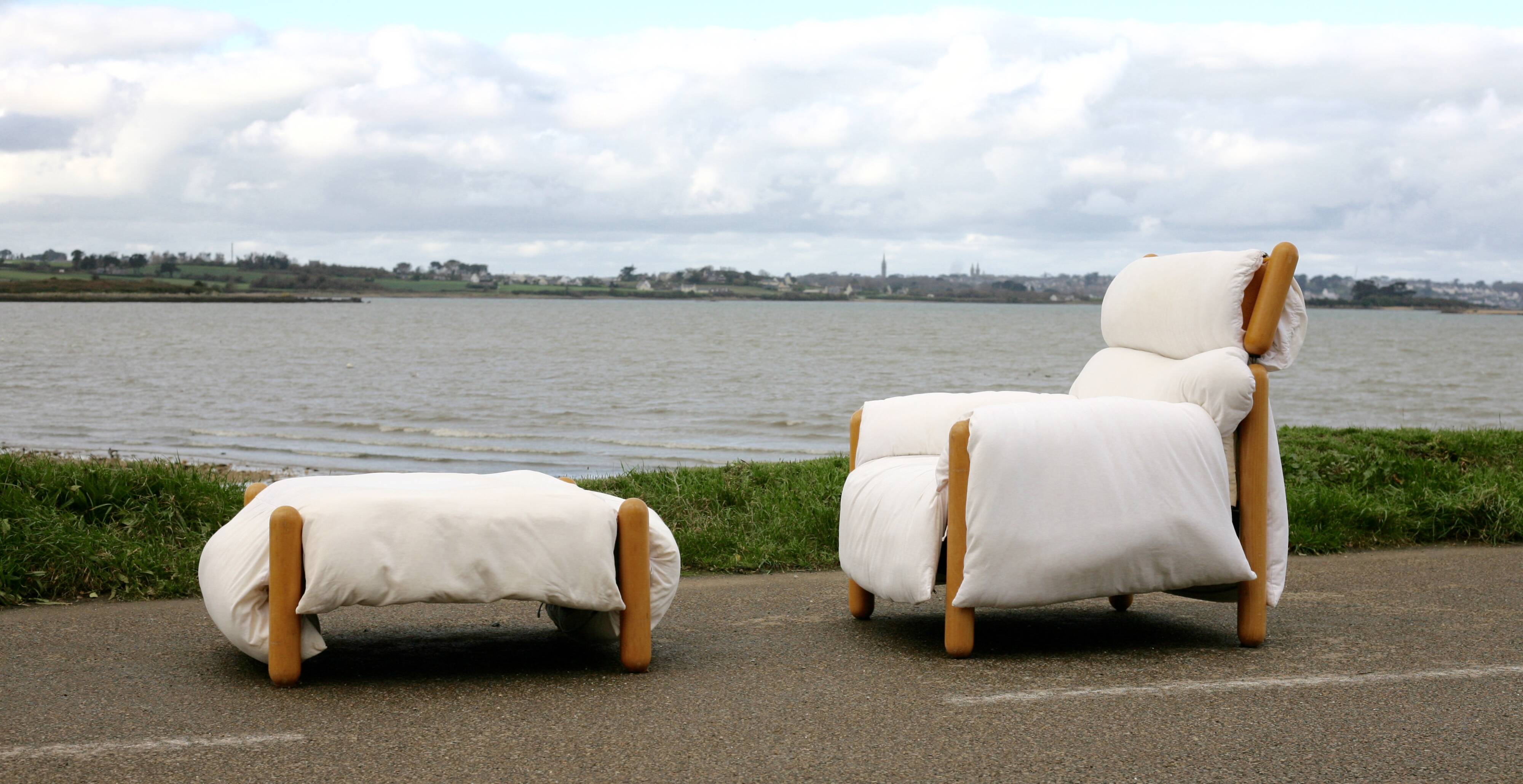 Enzo Mari, Gamba di Legno armchair and ottoman, Driade, Italy, 1976