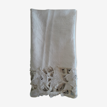 Nappe ancienne dentelle Richelieu lin blanc