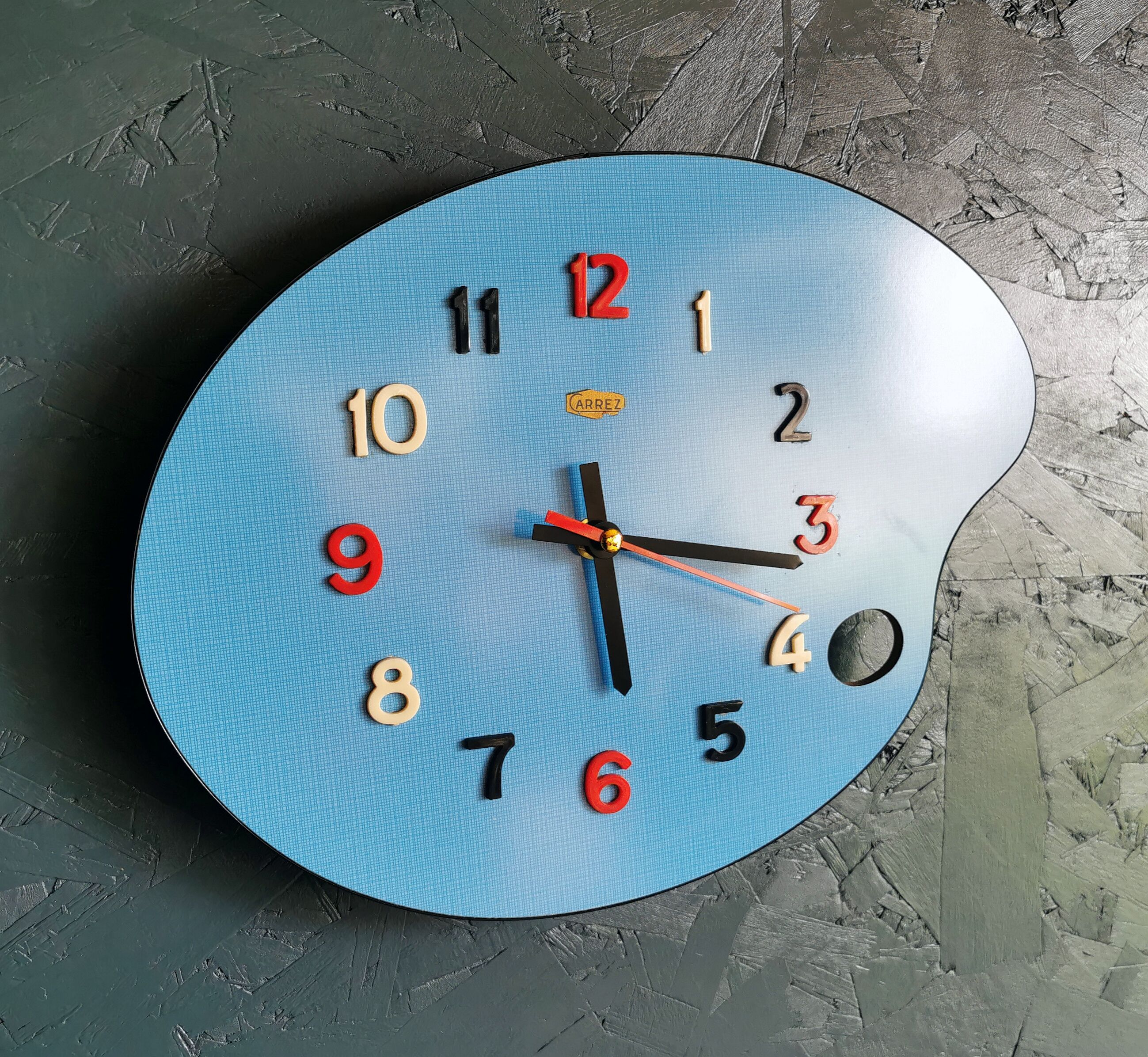 Vintage formica clock silent wall clock painter palette "Carrez bleu"