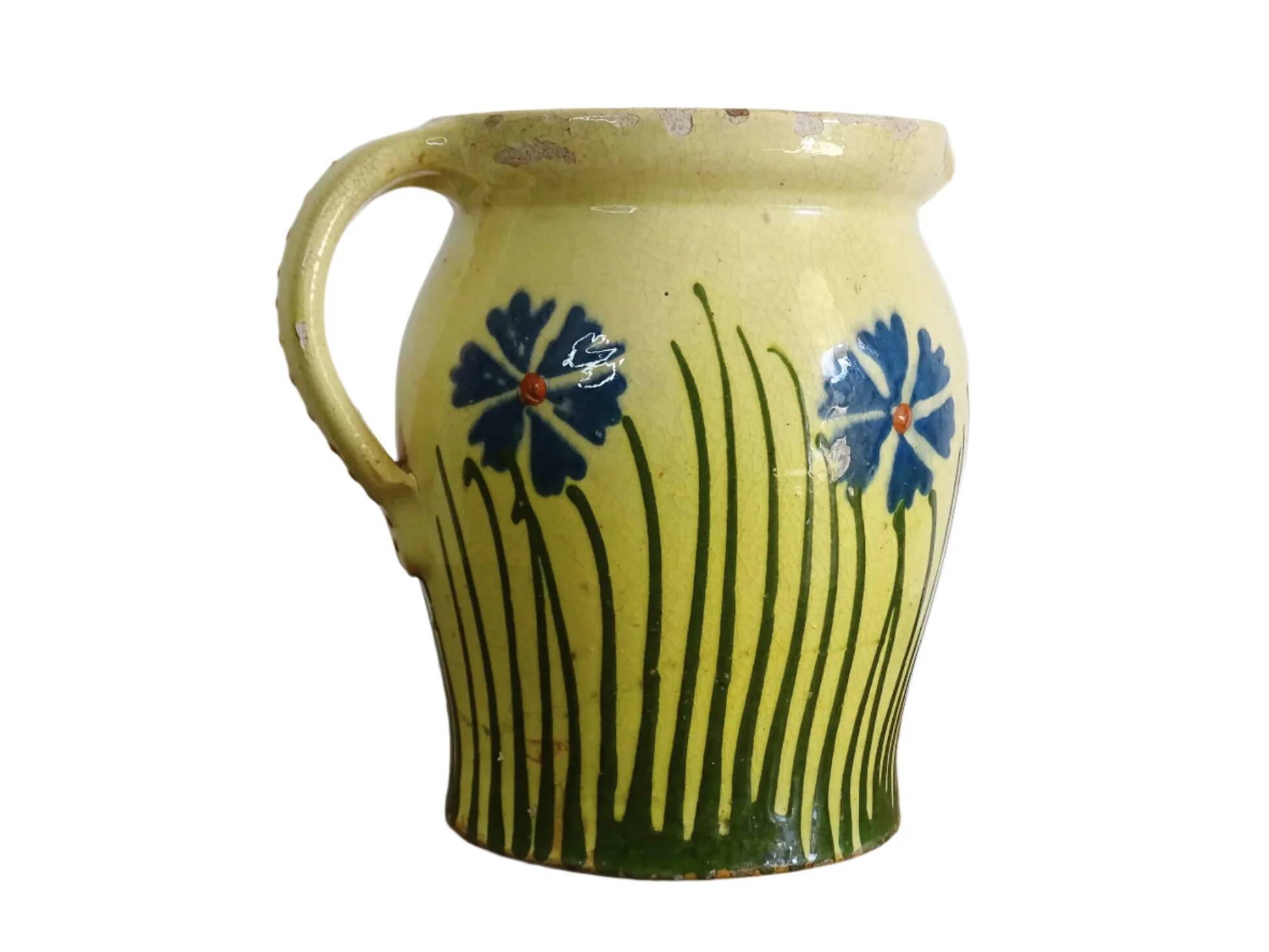 Pichet ancien en faïence française orné de fleurs peintes à la main