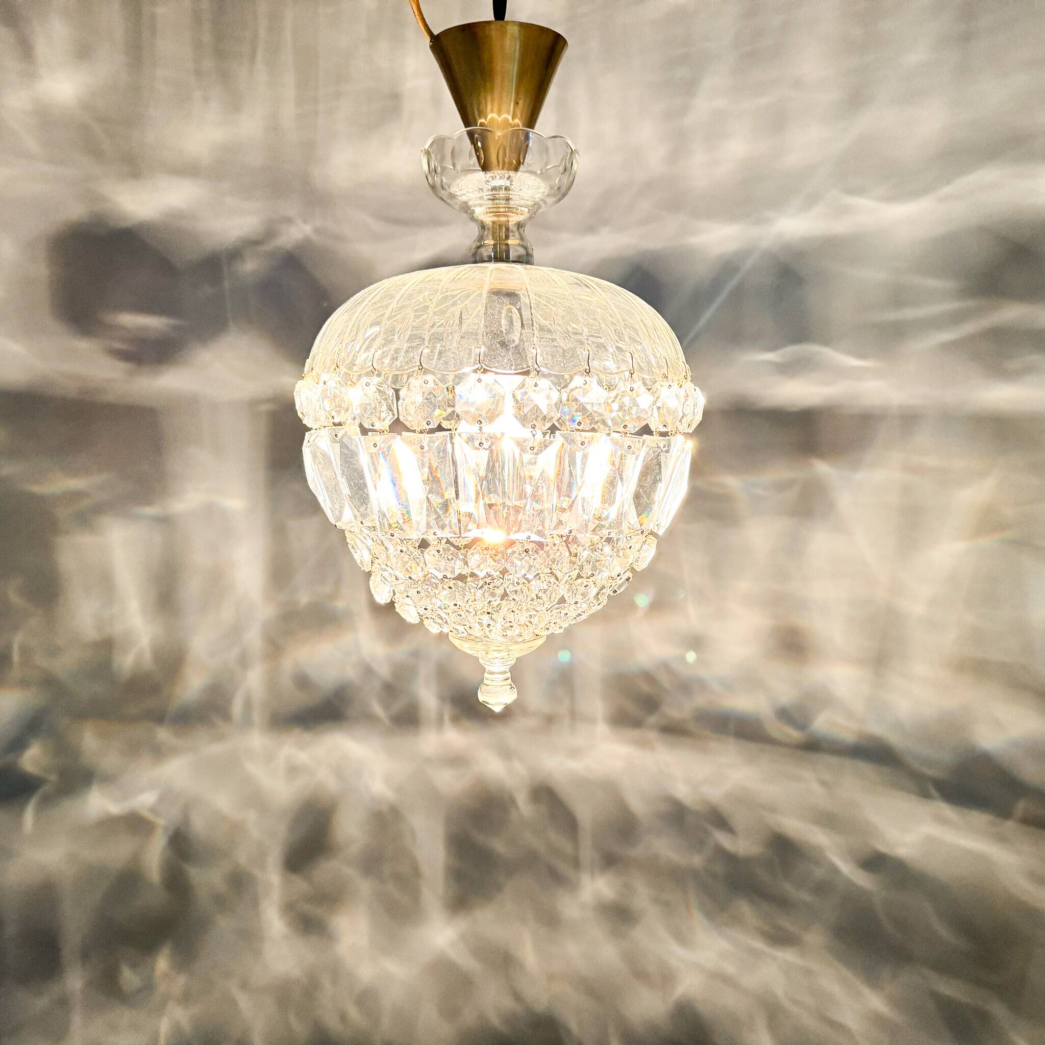 Mid Century Crystal & Brass Chandelier, Czechoslovakia