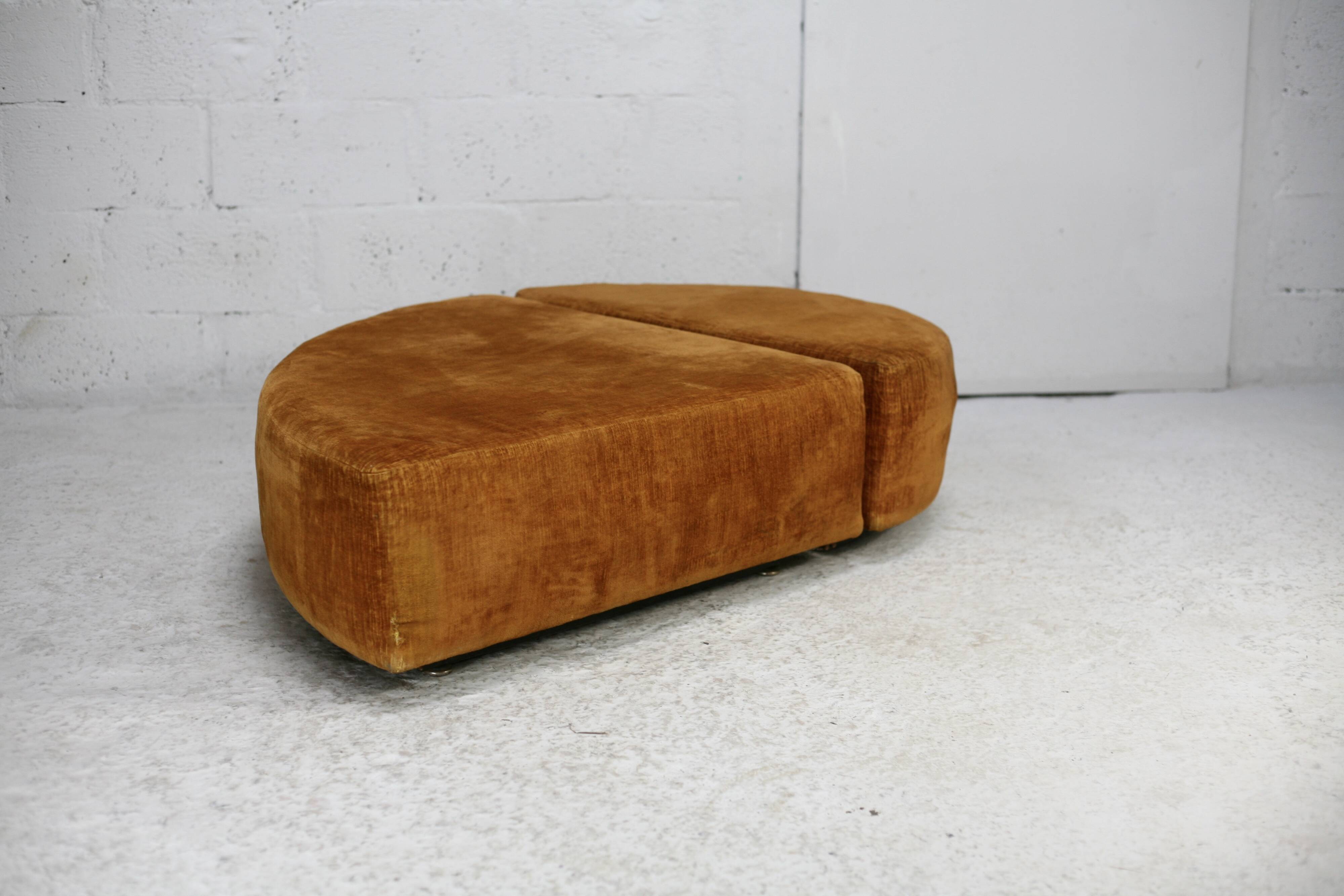 Pair of “tawny” velvet seats. Foam, wood, velvet. Circa 1970