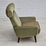 1970s, Danish armchair, original condition, furniture velour, woven wool fabric, teakwood.