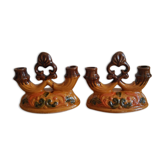 Pair of double barbotine candlesticks - vintage