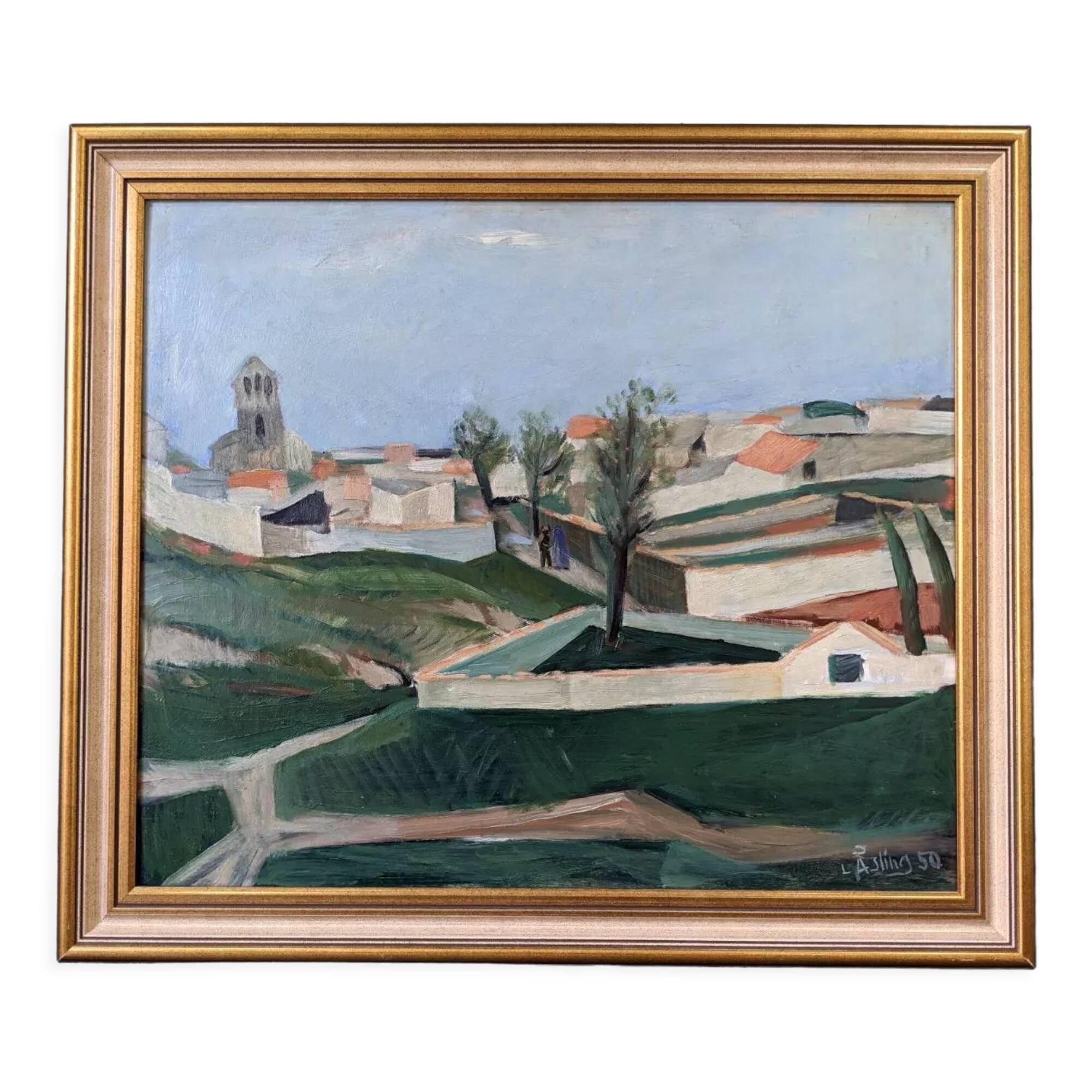 Mid-century modern swedish "slope" landscape, framed oil painting