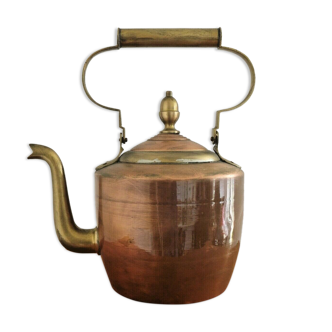 Large French Antique Tin Lined Brass And Copper Kettle With Swing Handle