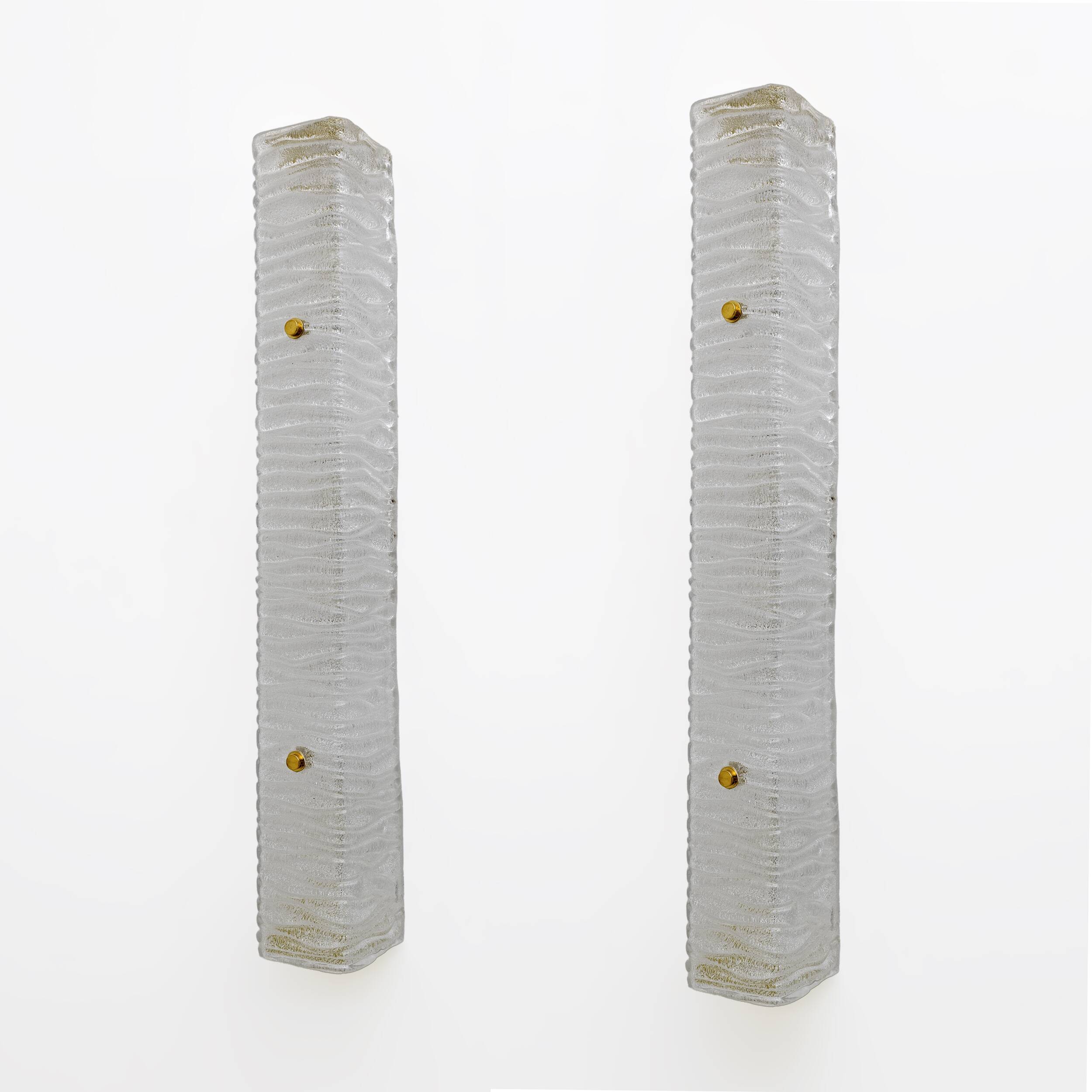 Pair of Art Decò Style Brass and Textured Murano Glass Sconces