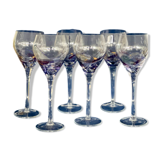 Set of 6 Hand Painted Crystal Wine Glasses - Unique Artisan Stained Glass Design