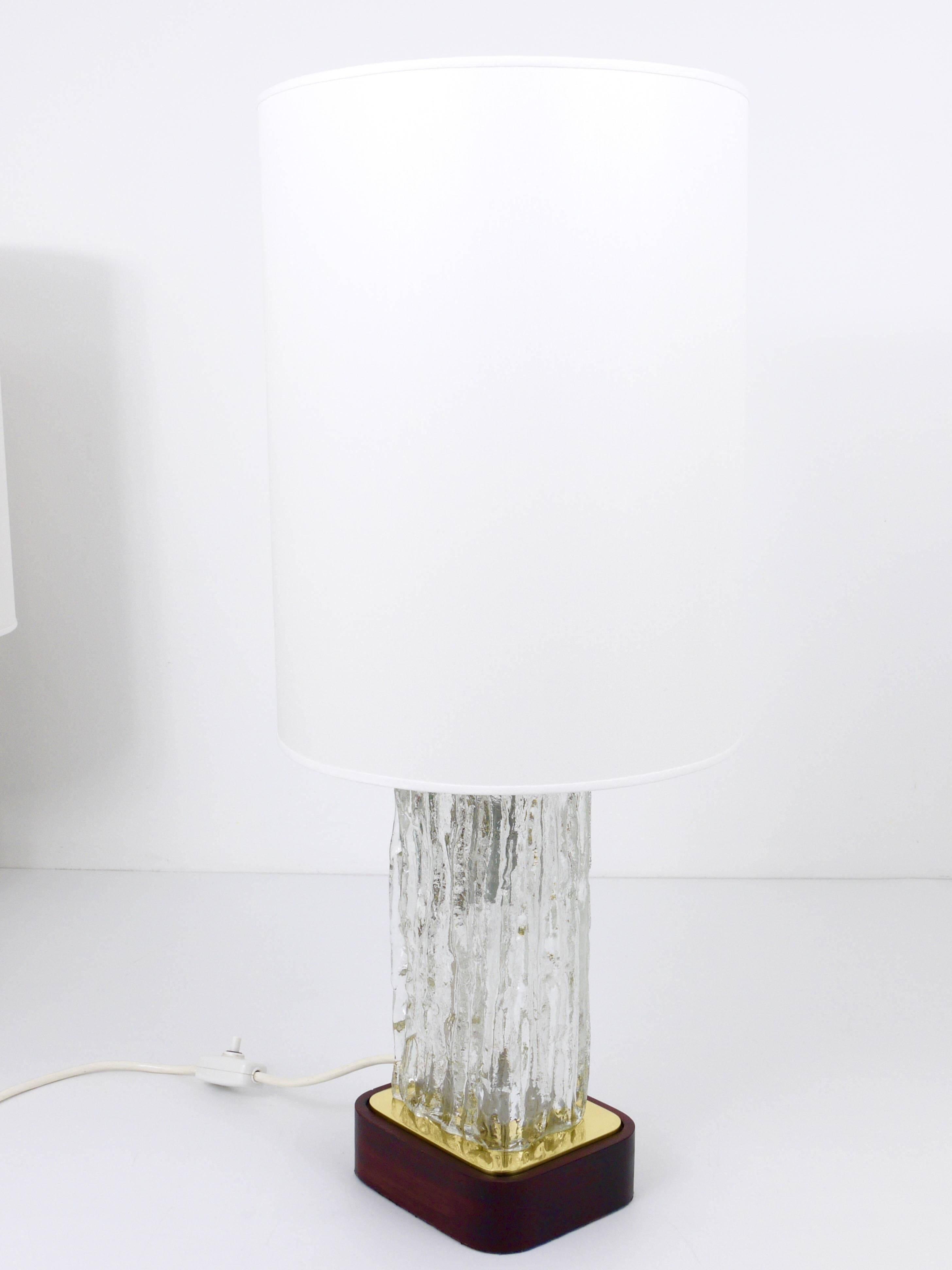 Pair of large glass ice table lamps by J.T. Kalmar "Frankenberg" with illuminated base.