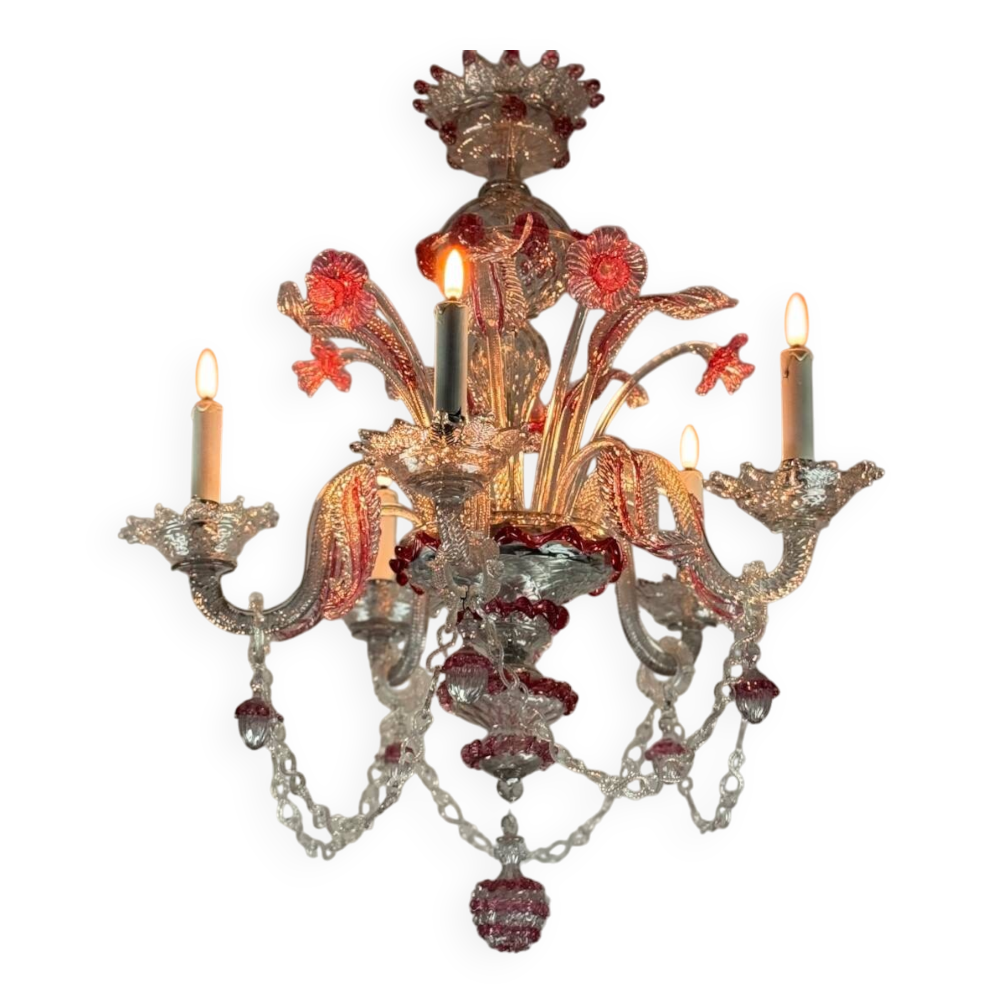 Venetian chandelier in colorless and red Murano glass, 5 light arms