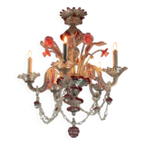 Venetian chandelier in colorless and red Murano glass, 5 light arms