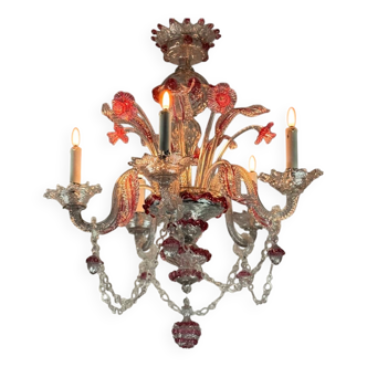 Lustre vénitien en verre de Murano incolore et rouge, 5 bras de lumière ver