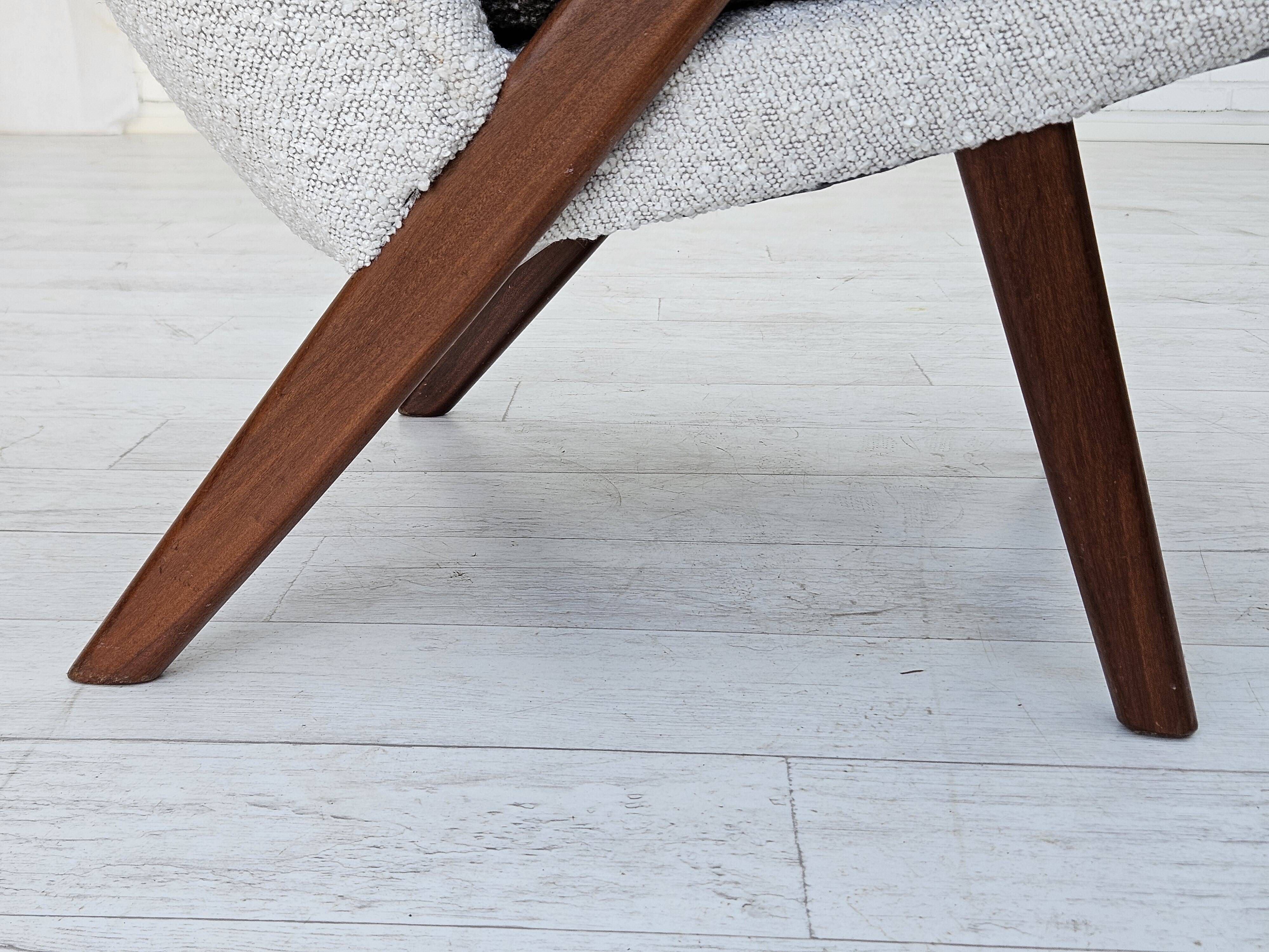 1960s, Scandinavian design, reupholstered armchair, furniture fabric, genuine sheepskin, teak.