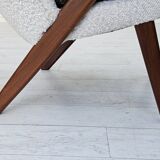 1960s, Scandinavian design, reupholstered armchair, furniture fabric, genuine sheepskin, teak.