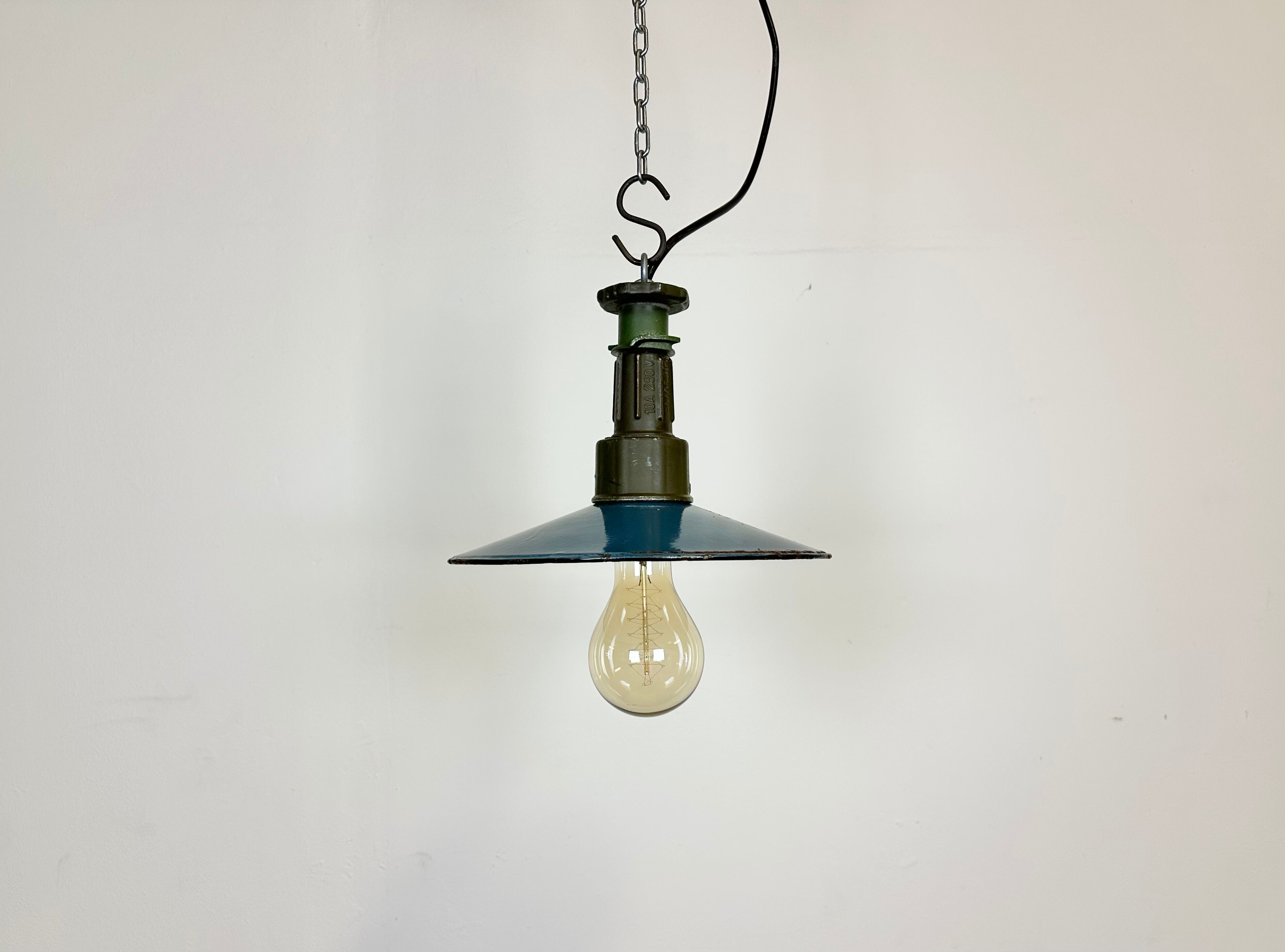 Industrial Blue Enamel Factory Pendant Lamp with Cast Aluminium Top, 1960s