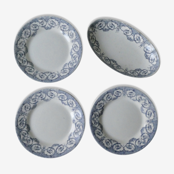 Set de 3 assiettes et 1 ravier Creil Montereau Terre de Fer, décor Dubarry